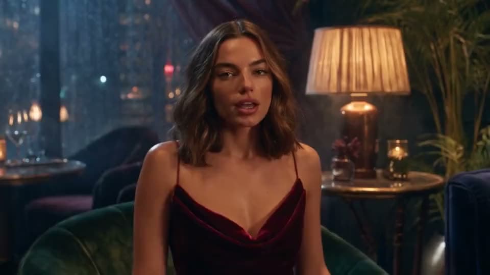 A woman in a velvet dress singing in a dim lounge.