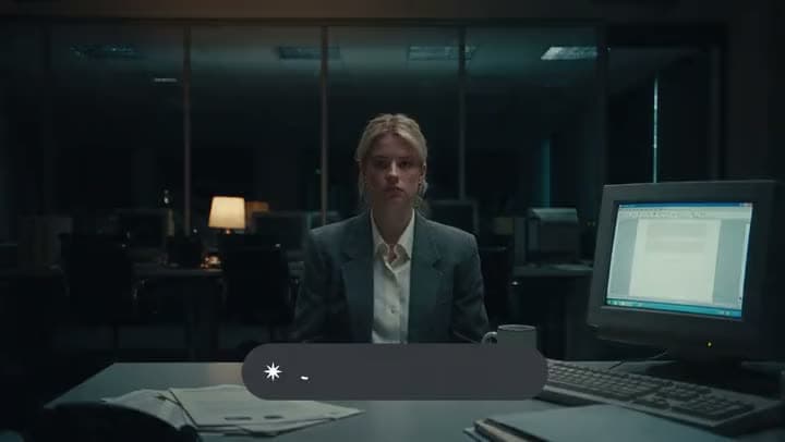 An AI video of a woman in a gray blazer sitting at a desk in a dark office beside an old computer monitor, with a prompt bar in front.