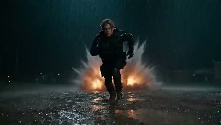 An AI action video of a man in black tactical gear sprinting through the rain at night as an explosion erupts behind him.