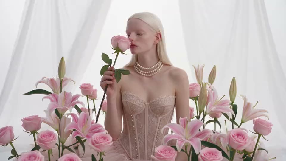 An AI video of a platinum-haired woman in a pearl necklace and lace corset smelling a pink rose among lilies and roses.