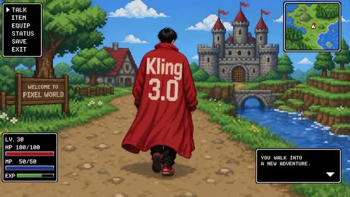 An AI pixel-art game clip of a hero in a red coat marked "Kling 3.0" walking a dirt path toward a stone castle.