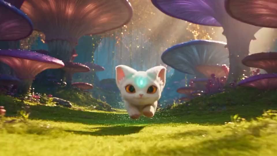 An AI video of a white kitten with a glowing gem on its forehead bounding through a sunlit forest of giant purple mushrooms.