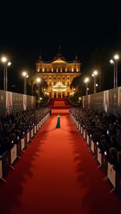 A vertical AI video of a woman in a green gown on a long red carpet lined with photographers outside a lit palace at night.