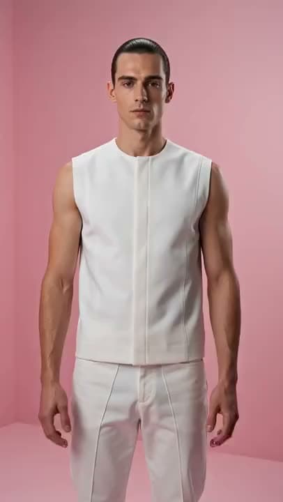 A vertical AI video of a man in a white sleeveless top and white trousers standing still against a pink studio wall.