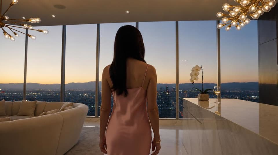 A photo of a woman in a pink slip dress facing floor-to-ceiling windows over a city at dusk in a penthouse living room.