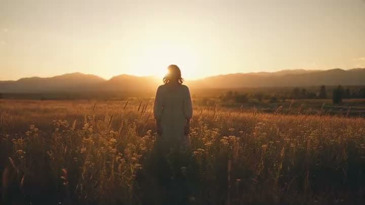 An AI video of a woman in a long light dress standing in a field of tall grass and wildflowers, facing the sun setting over hills.