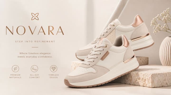 A product photo of cream and rose-gold NOVARA sneakers on a stone block, beside the tagline "Step into refinement."