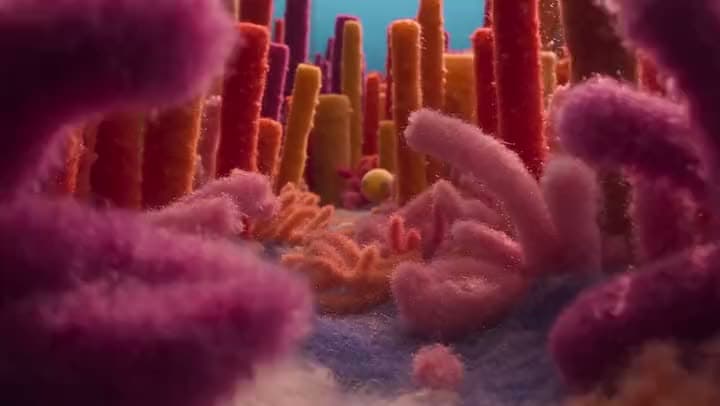 An AI stop-motion clip of a felt coral reef, with fuzzy pink, orange and red tube corals swaying on the sea floor.