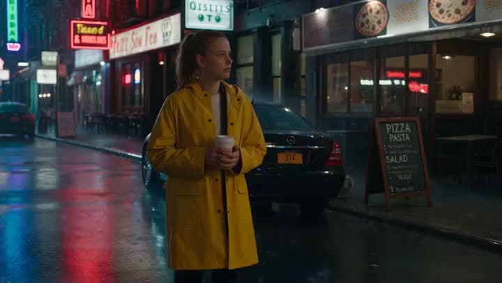 An AI video of a woman in a yellow raincoat holding a coffee cup on a wet, neon-lit street outside a pizza restaurant.