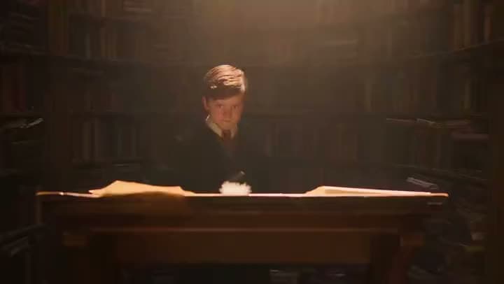 An AI video of a boy in a dark school robe seated at a desk in a candlelit library, a white feather quill before him.