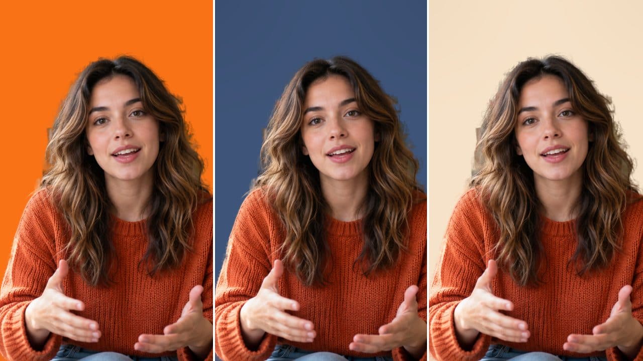 The same cut-out woman placed over three new backgrounds: flat orange, a navy studio sweep and a warm beige backdrop.