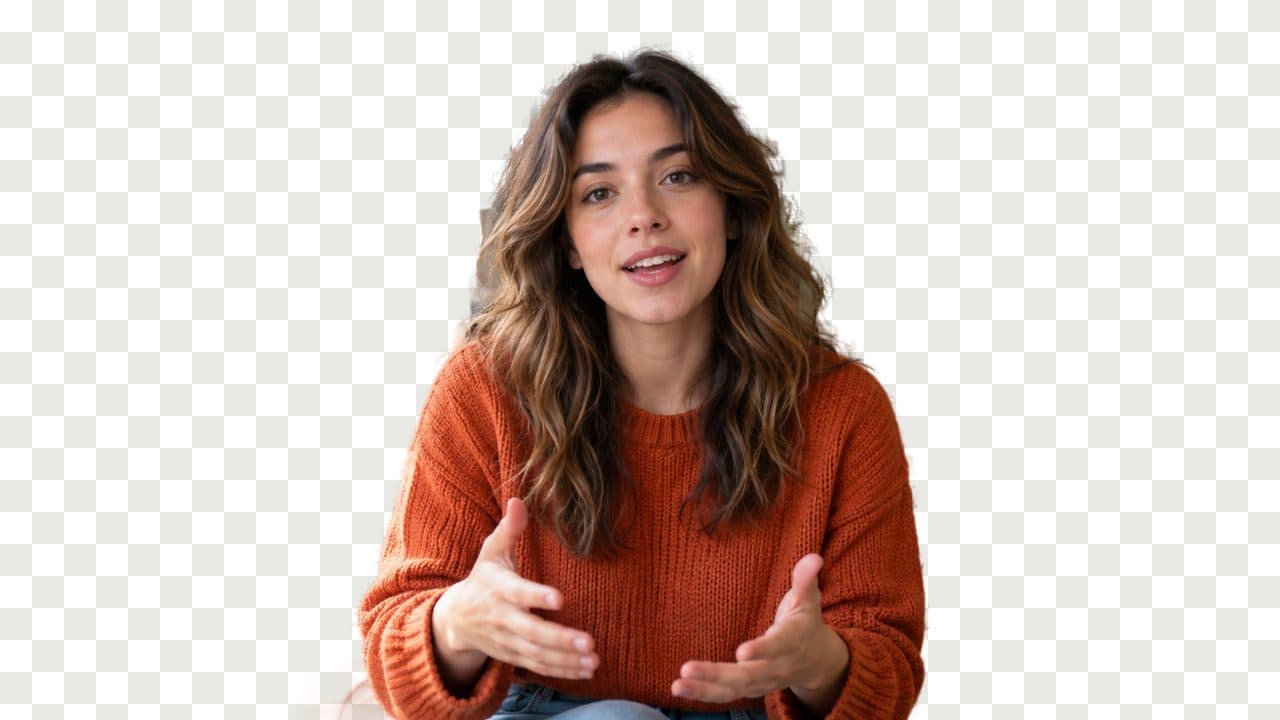 A woman talking to camera, cut out of her home office and shown on a transparent background.
