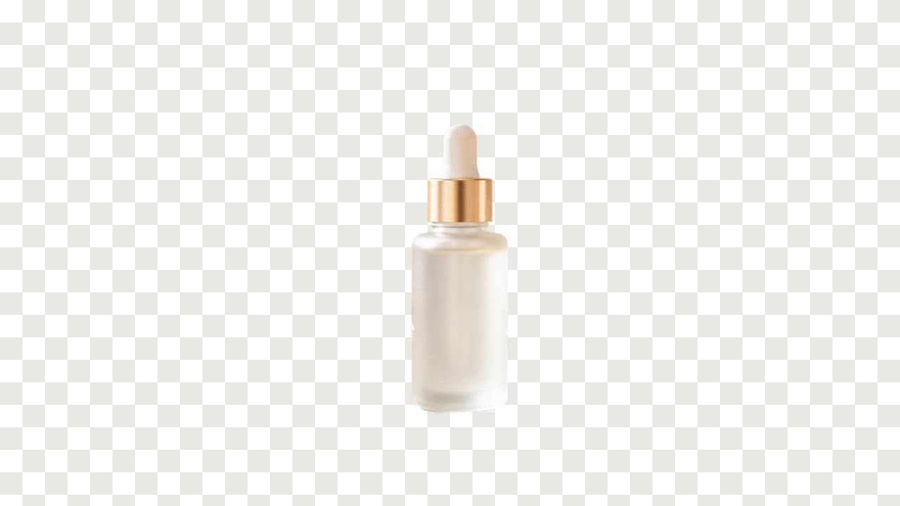 A frosted glass serum bottle with a gold dropper, cut out of its kitchen counter onto a transparent background.