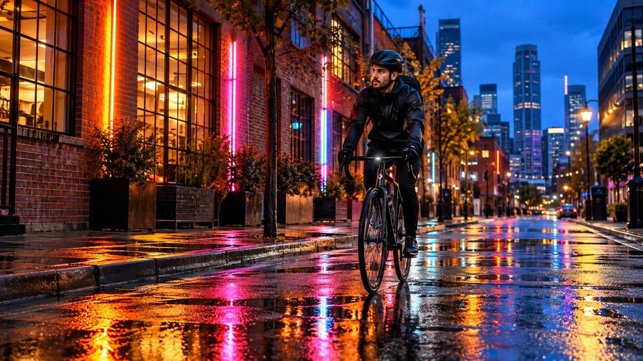 A cyclist on a rain-soaked city street at blue hour, neon reflections and brickwork sharp after enhancement.