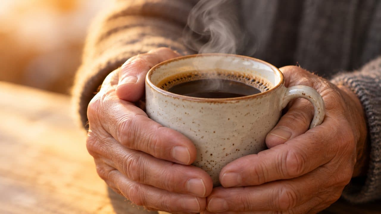 Close-up of weathered hands around a steaming coffee cup, skin texture and glaze crisp after enhancement.