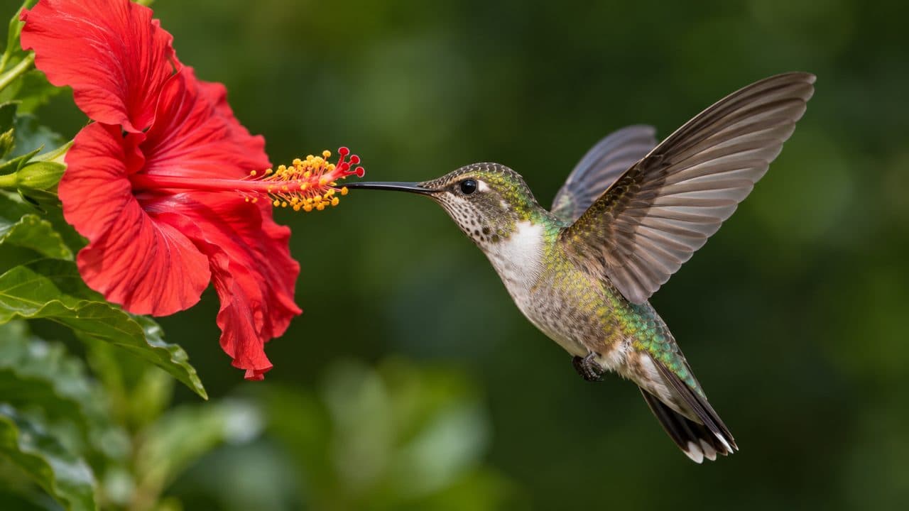 A hummingbird feeding at a red hibiscus flower, every feather sharp after upscaling.