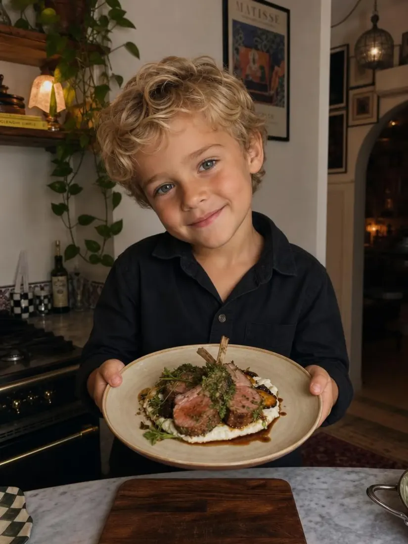 A curly-haired young boy smiles at a restaurant table, an aged-backward version created with the Baby Filter tool.