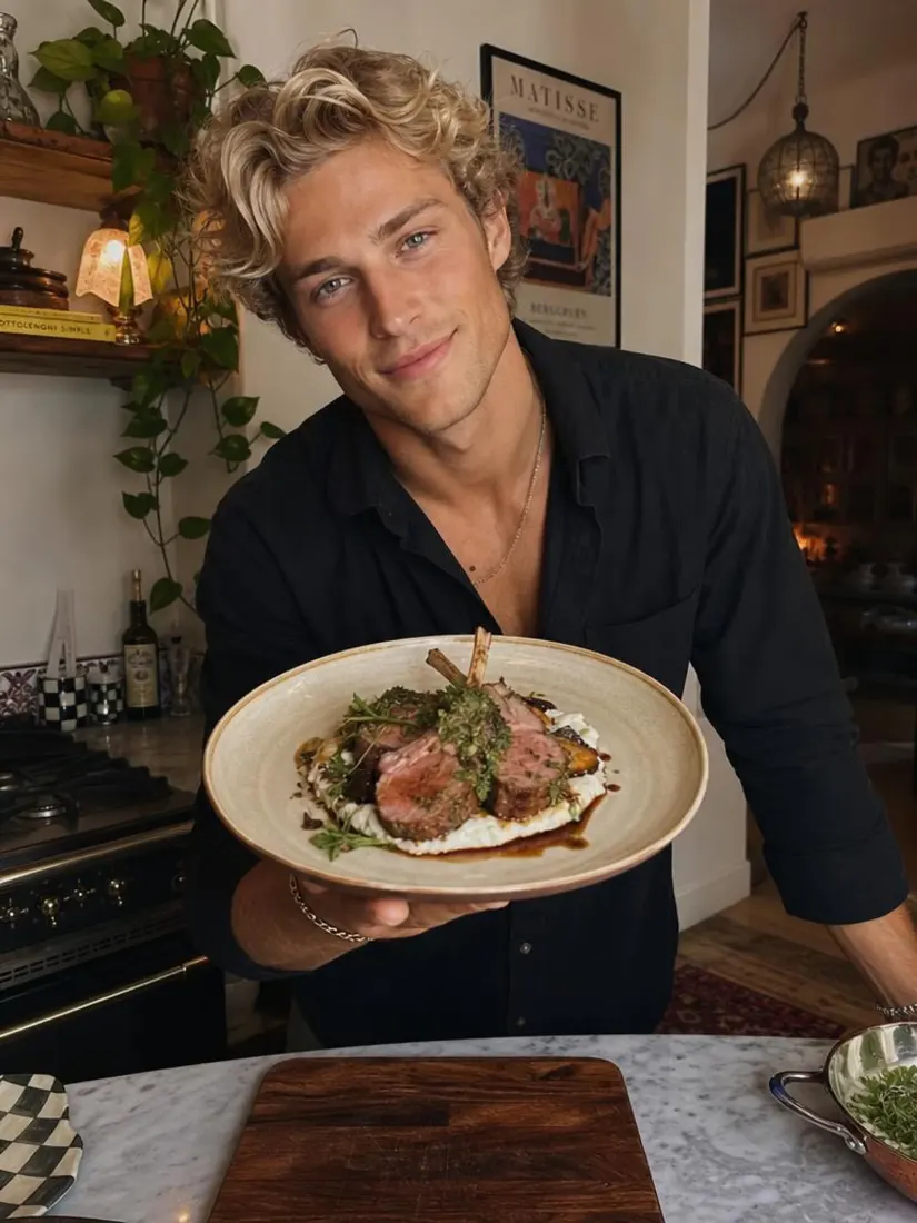 A curly-haired blond man holds a plated dish at a restaurant table, before the Baby Filter turns him into a young boy.