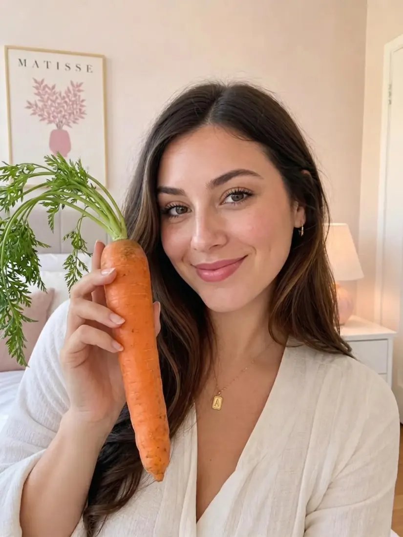 Smiling woman in a cream sweater holding up a carrot instead of a perfume bottle