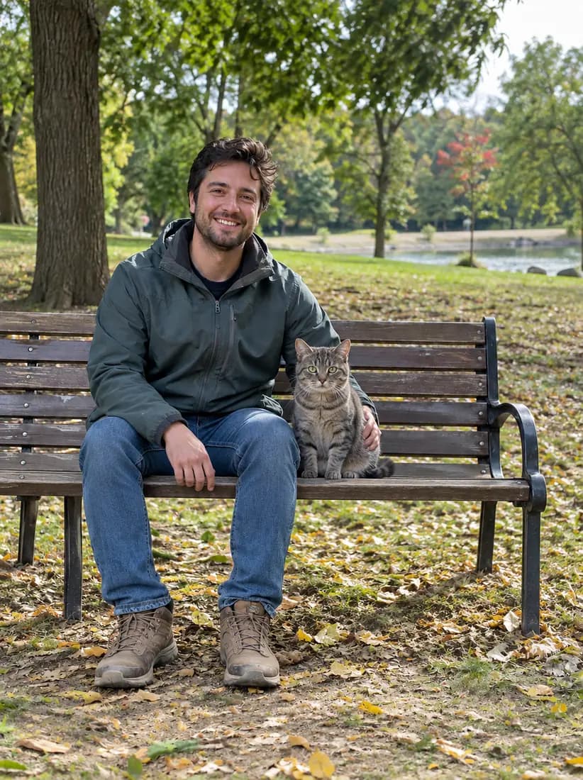 A man sits on the same park bench beside a grey tabby cat, swapped in by the Image Replace tool.
