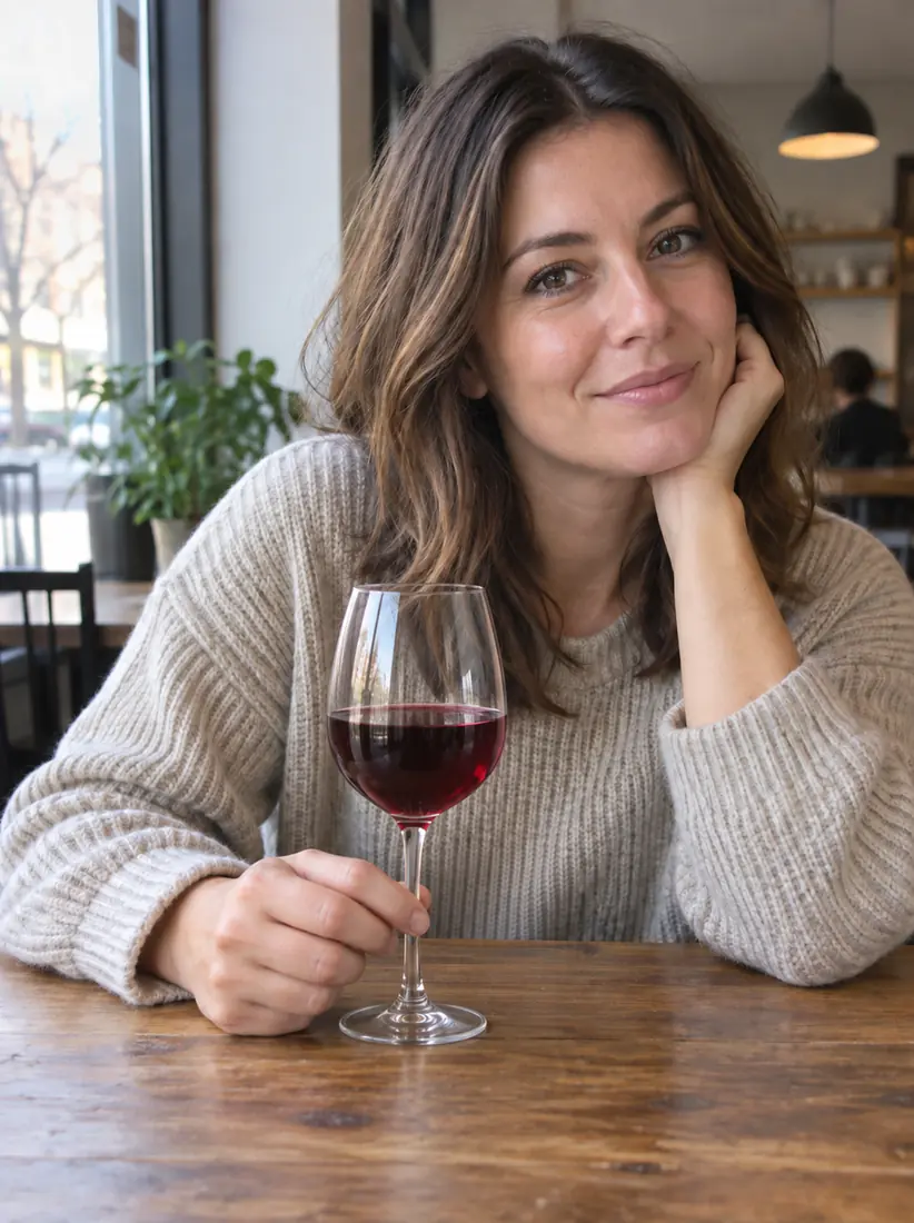 The same woman holds a filled red wine glass in place of her coffee cup, swapped by the Image Replace tool.