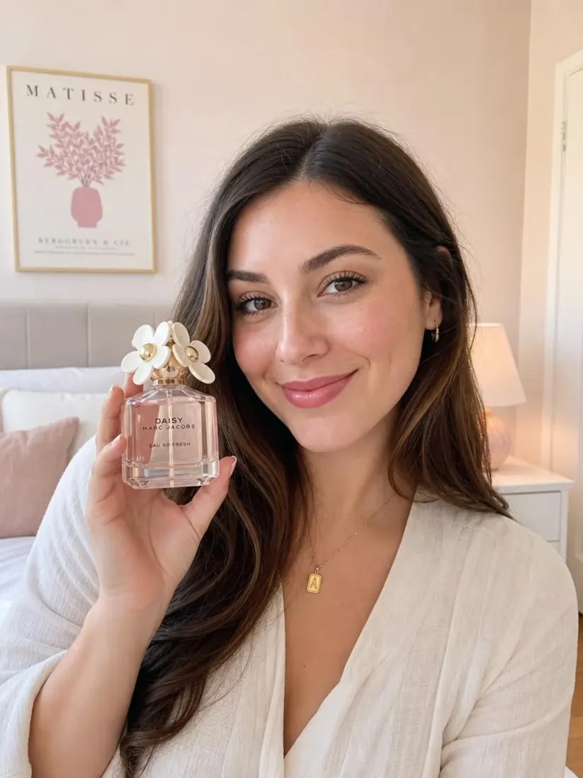 Smiling woman with long brown hair holding a small perfume bottle near her face