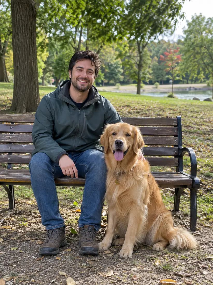 A man sits on a park bench beside a golden retriever, before the Image Replace tool swaps the dog for a cat.
