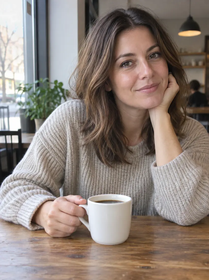 A woman at a cafe table holds a white ceramic coffee cup, before the Image Replace tool swaps it for a wine glass.