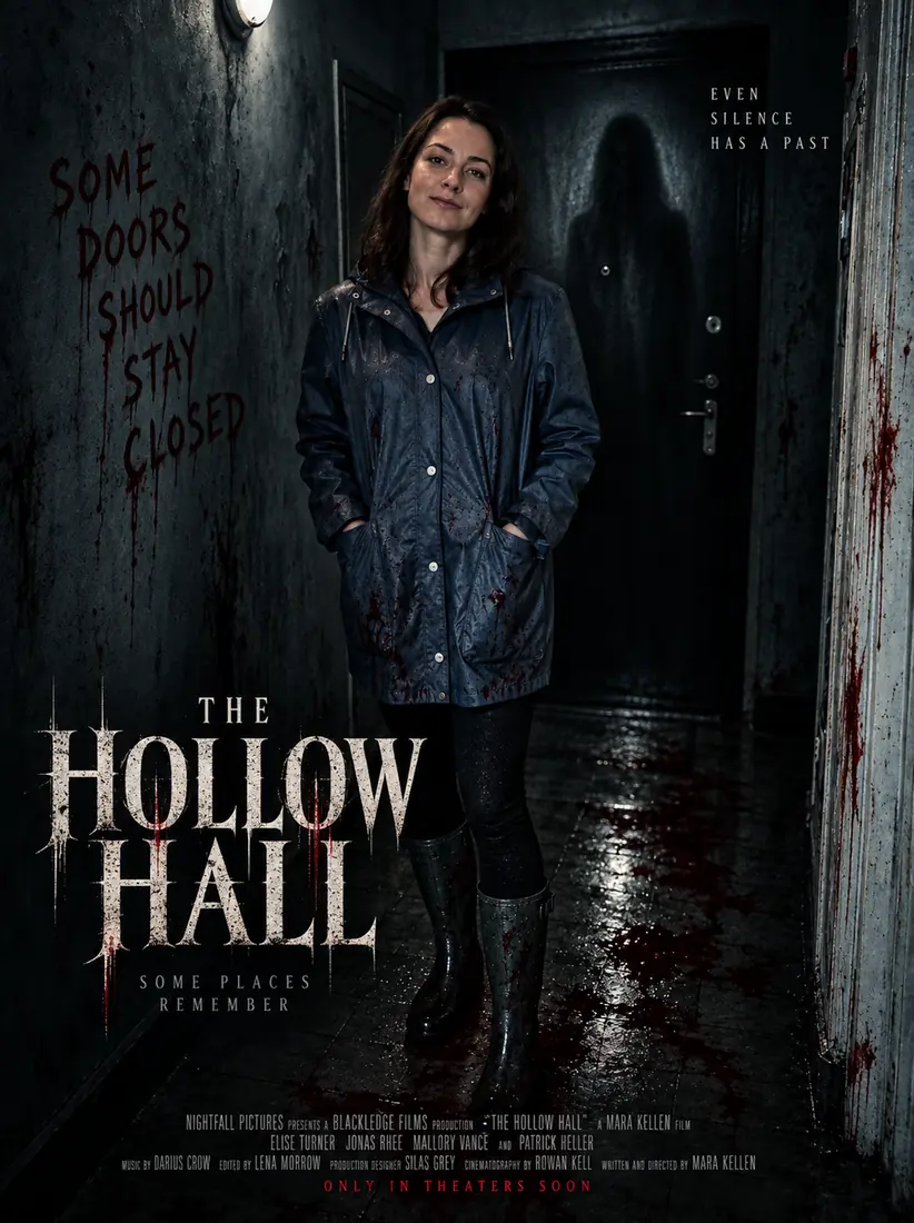 A woman in a raincoat headlines the horror poster 'The Hollow Hall,' created by the Movie Poster Generator.