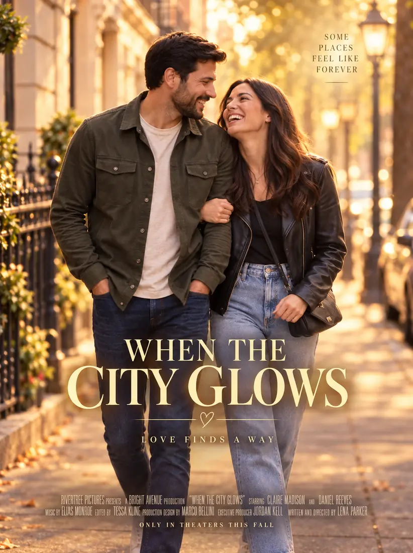 A couple headline the romance poster 'When the City Glows,' created by the Movie Poster Generator.