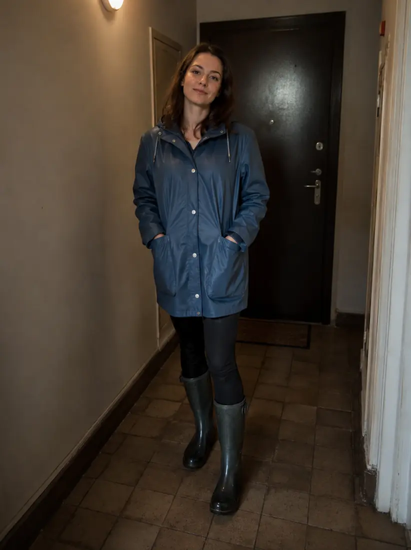 A woman in a raincoat stands in a dim hallway, before the Movie Poster Generator casts her in a horror film.