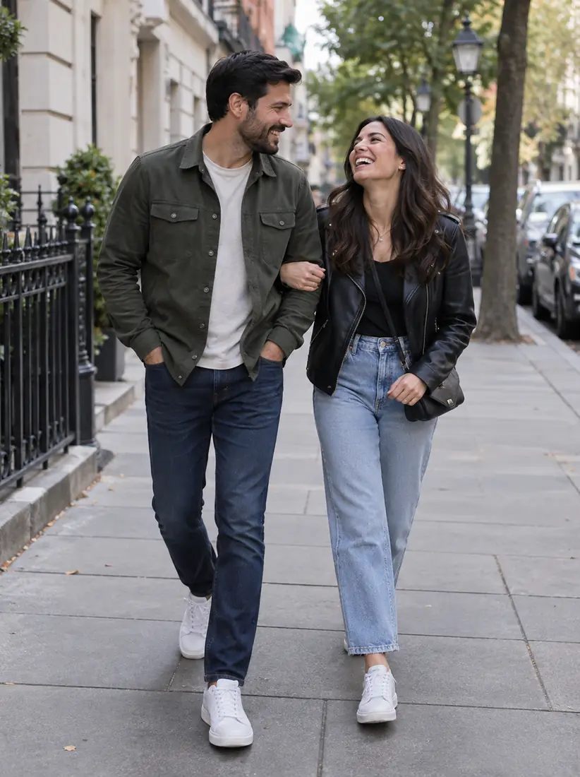 A couple walk arm in arm down a city street, before the Movie Poster Generator casts them in a romance.