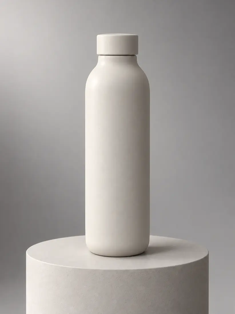 The same bottle and pedestal gain real studio light falloff, true specular highlights and a believable contact shadow from the Realism Enhancer.