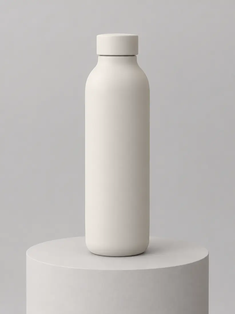 A matte ceramic water bottle sits on a pedestal under flat, plastic-looking CGI light, before the Realism Enhancer makes it photographic.