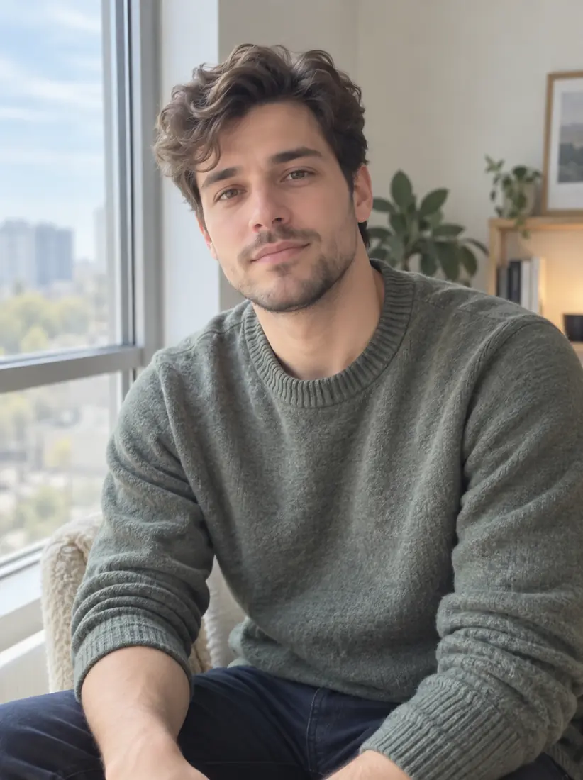 A man sits by a window in an over-smoothed, flat-contrast photo with a slightly rendered finish, before the Realism Enhancer adds detail.