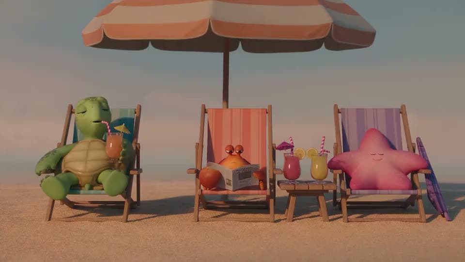 An AI animated clip of a turtle, a crab reading a newspaper and a starfish lounging in deck chairs under a beach umbrella.