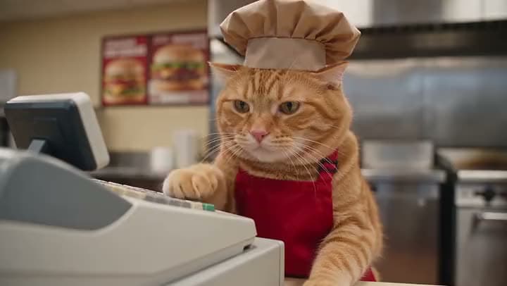 An AI video of an orange tabby cat in a paper chef hat and red apron working the cash register at a burger counter.