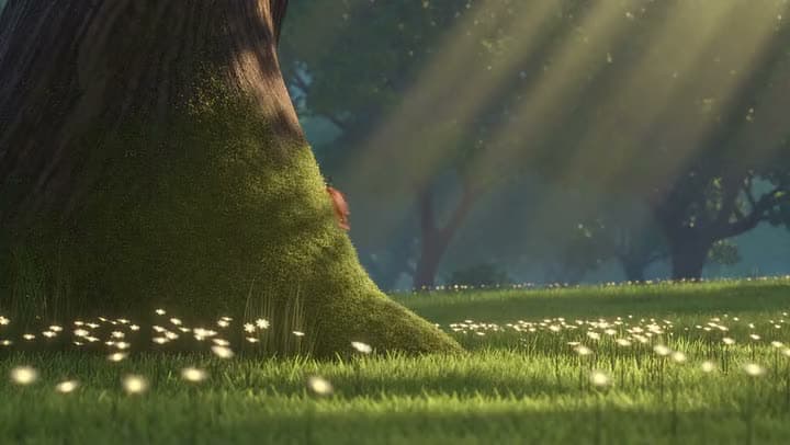 An AI animated clip of a small figure peeking out from behind a mossy tree trunk onto a meadow of glowing white flowers.