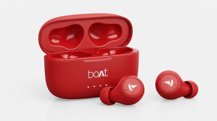 A product photo of red boAt wireless earbuds beside their open red charging case on a white background.