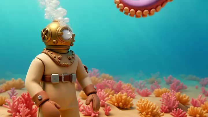 An AI video in a clay-animation style of a deep-sea diver in a brass helmet walking among pink and orange coral, a tentacle above.