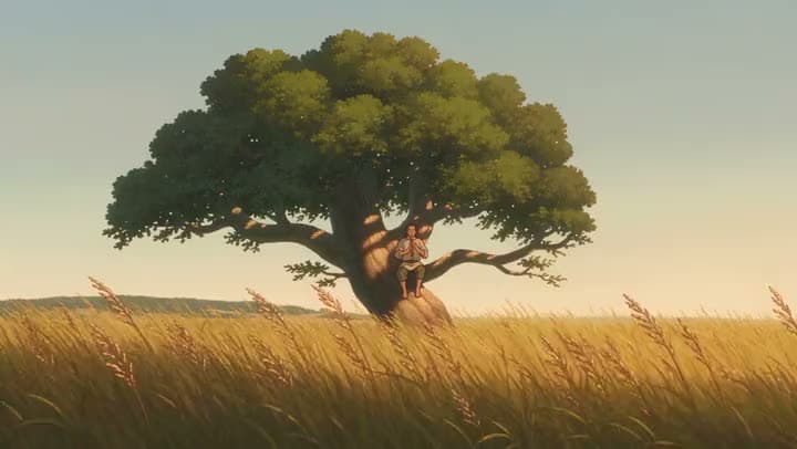 An AI anime clip of a boy playing a flute while seated at the base of a lone tree in a golden field of tall grass.