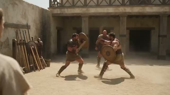 An AI video of gladiators with round shields sparring in a sunlit sandy training yard beside racks of spears.