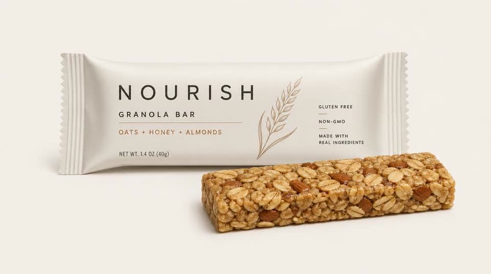 A product photo of a NOURISH oats, honey and almonds granola bar in its cream wrapper, with an unwrapped bar in front.