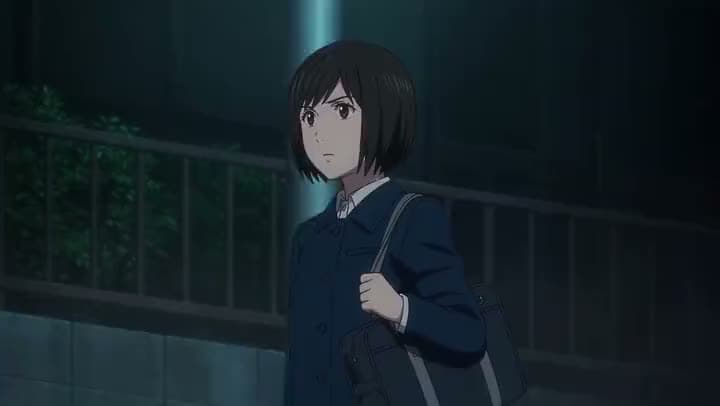 An AI anime clip of a short-haired schoolgirl in a navy uniform gripping her bag strap on a dark street beside a railing.