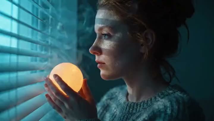 An AI video of a freckled woman in a gray sweater holding a glowing orb beside window blinds in a dim blue room.