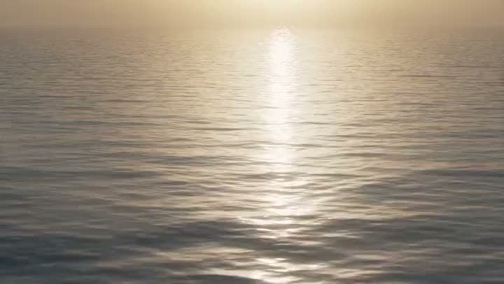 An AI video of a calm, rippling ocean surface with hazy sunlight reflecting in a bright path toward the horizon.