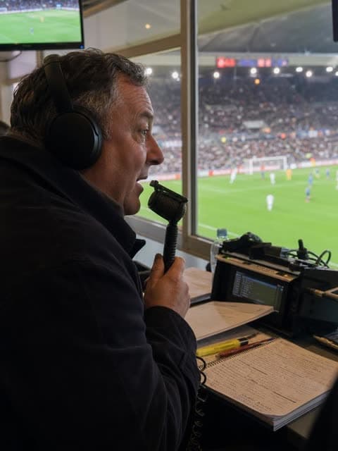 A portrait photo of a sports commentator in headphones speaking into a microphone in a stadium booth overlooking a soccer match.