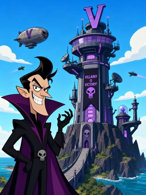 A reference photo of a grinning cartoon villain in a purple cape before a tower bearing a "VILLAINY IS VICTORY!" banner.