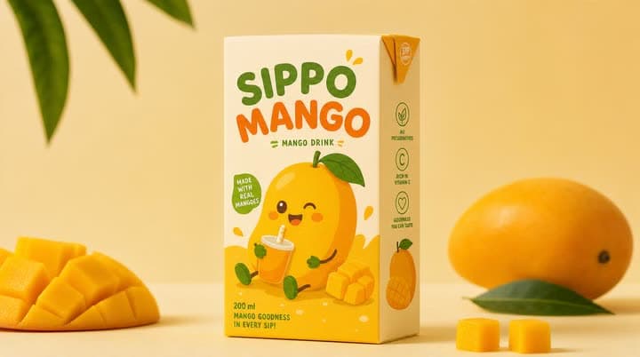 A product photo of a Sippo Mango juice carton with a cartoon mango character, beside a whole mango and cubed mango.