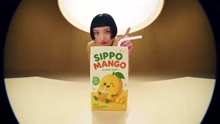 An AI product ad of a woman with a bob haircut leaning behind a "SIPPO MANGO" drink carton with a bendy straw.